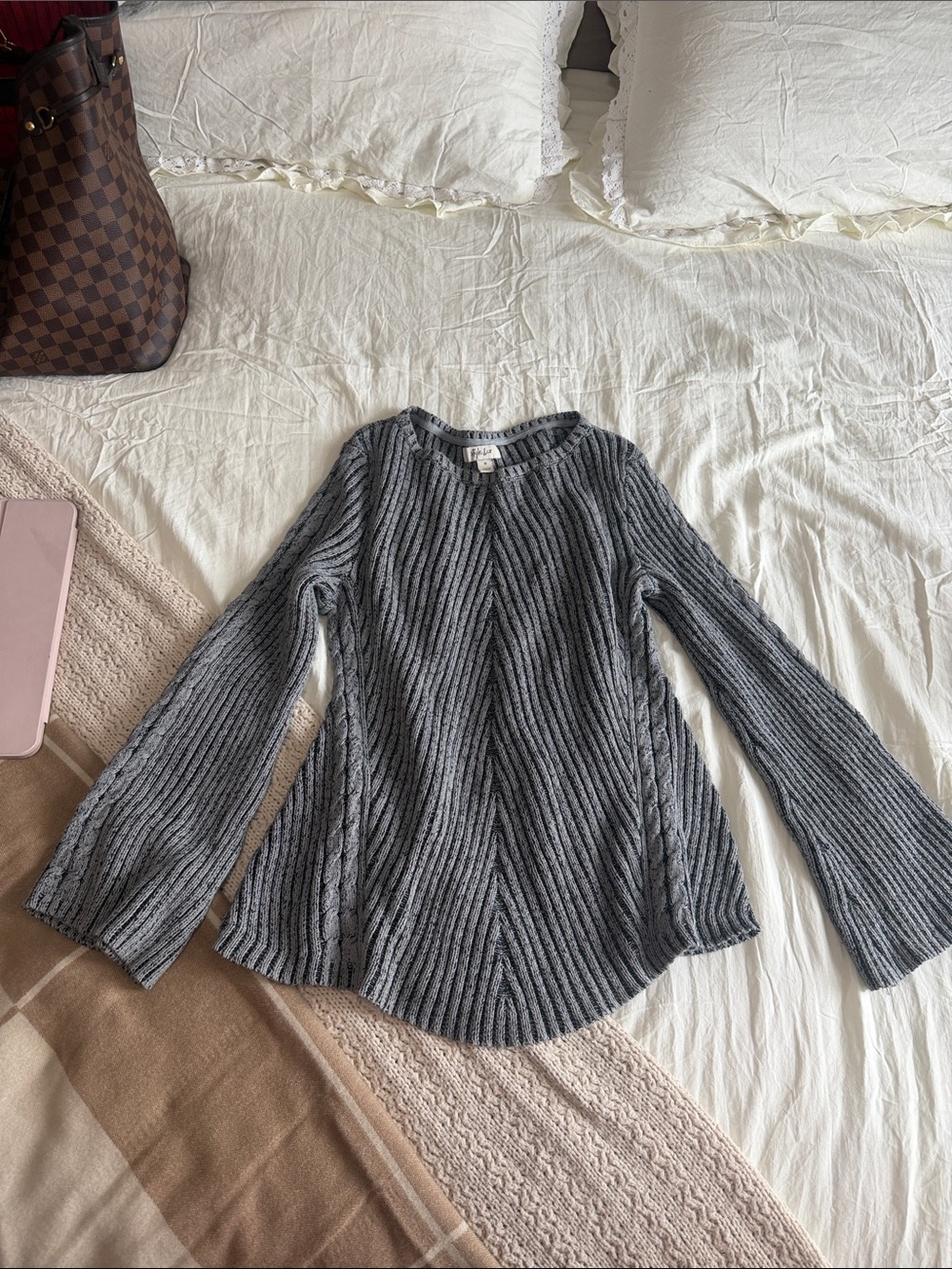 Style & Co. Gray Ribbed Bell Sleeve Sweater Top